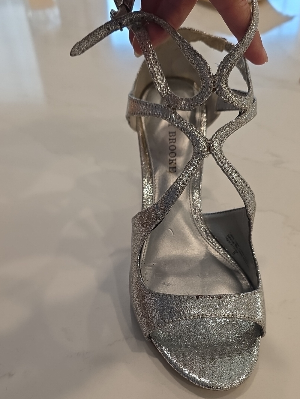 Audrey Brooke Metalic Silver Leather Glitter Strappy Women's High Heel Sandals - Picture 1 of 7